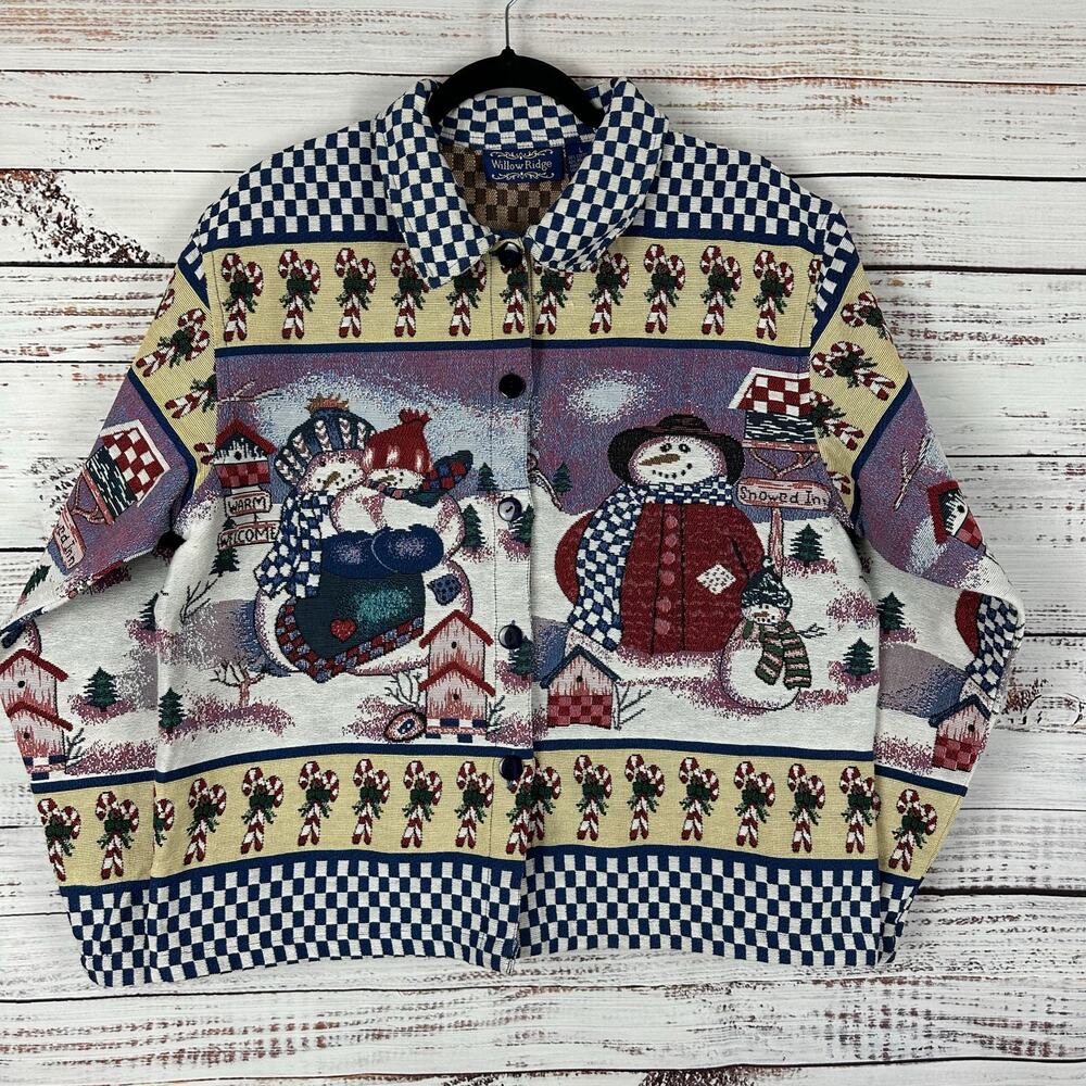Willow Ridge Tapestry Jacket Button Up Snowman Winter Holiday Cottage Womens L